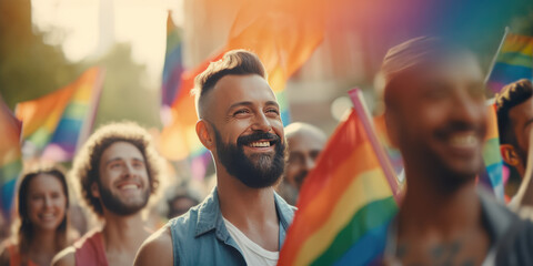 Smiling young gay man with make up standing against pride flag. Men gay enjoying during march on street for lgbt rights. Diversity and gender identity concept, generative ai