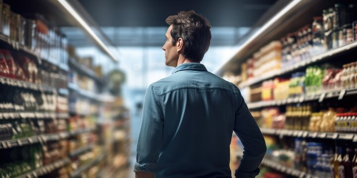Rear reiw young man shopping in a supermarket, Customer in supermarket, generative ai