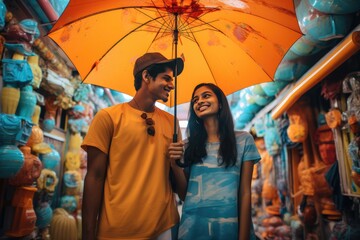 A couple standing under a large umbrella, enjoying each other's company in a colorful setting.. A fictional character Created By Generated AI.