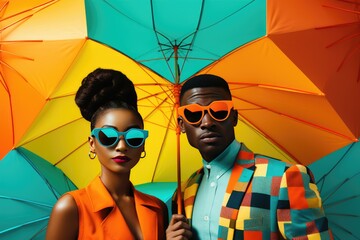 Colorful umbrella scene featuring a stylish couple. A fictional character Created By Generated AI.