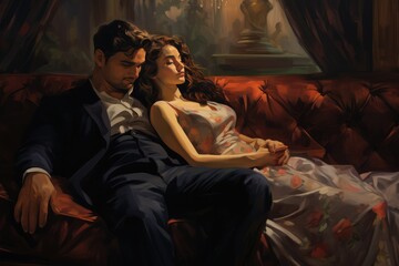 Naklejka premium A Couple Cuddling on a Red Couch. A fictional character Created By Generated AI.