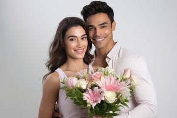 A happy couple posing with a bouquet of flowers.. A fictional character Created By Generated AI.