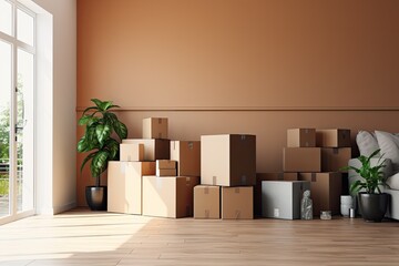 Cardboard boxes with household items in modern living room. Containers on floor in new house.