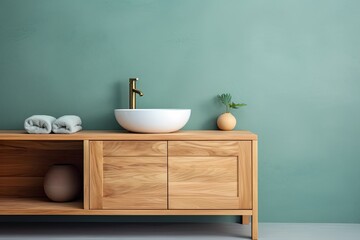 a wooden cabinet with a vessel sink, soap, toothbrush, and empty space for product display in a bathroom concept.