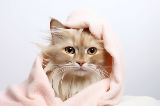 Red wet cat is wrapped in a pink towel after bathing.