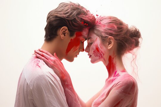 A romantic moment between a man and a woman covered in red paint. A fictional character Created By Generated AI.