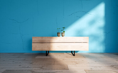 Interior rooms blue wall table wood furniture on empty wall mid century modern living room decoration 3D rendering.