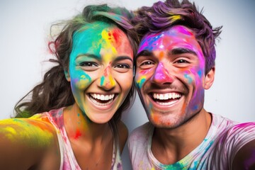 A joyful moment of a man and a woman playfully covered in colorful paint. A fictional character Created By Generated AI.