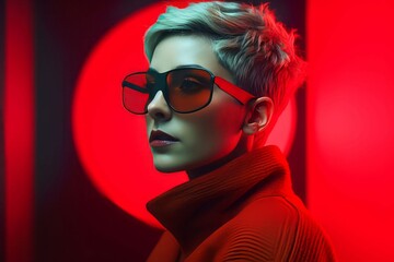 Woman red coat short hair. Generate Ai