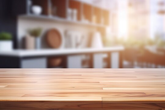 Blurred modern kitchen background with wooden table for product display.