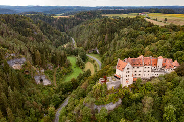 Fototapeta na wymiar Bird's-eye view of Rabenstein Castle in the Ailsbach Valley in Upper Franconia/Germany