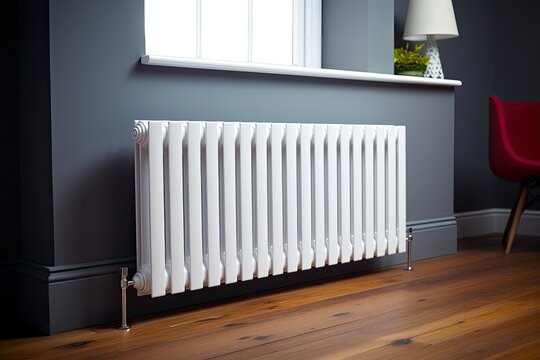 White metal radiator in a contemporary apartment with wooden flooring, heated.
