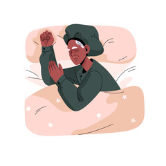 Old woman sleep in bed. Asleep granny relax in pajamas at night, gray people dream on pillow, sleeper senior lady lying under blanket, top view. Flat isolated vector illustration on white background