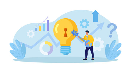 Businessman unlock new business idea. Character holding key to insert into keyhole on light bulb to reach target. Goal achievement concept. Invent new product or unlock creativity. Career opportunity