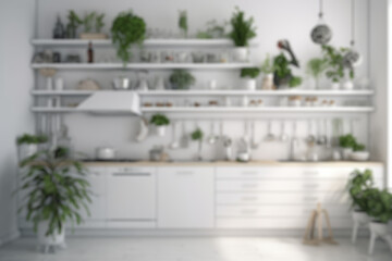 Blurred interior of a white kitchen with green plants on white shelves