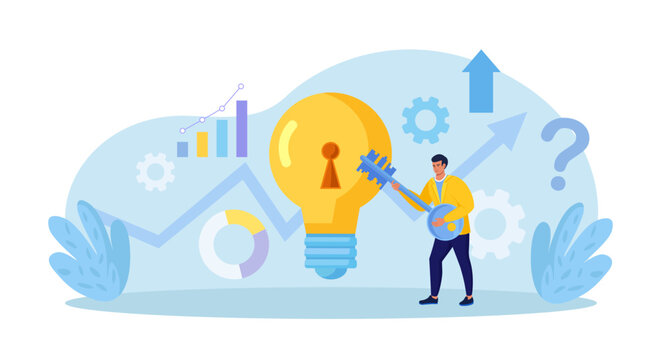 Businessman unlock new business idea. Character holding key to insert into keyhole on light bulb to reach target. Goal achievement concept. Invent new product or unlock creativity. Career opportunity