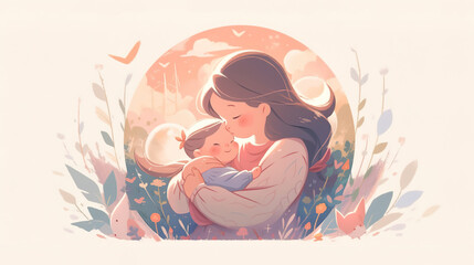 Cartoon illustrations of children and pregnant women born during pregnancy and infant loss awareness month,AI generated. - obrazy, fototapety, plakaty