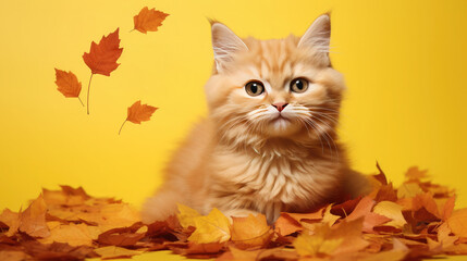 Naklejka na ściany i meble Cute red kitten in a pile of yellow leaves on an orange background. Empty space for product placement or promotional text.
