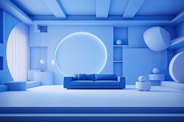 Blue 3D room with a light background.