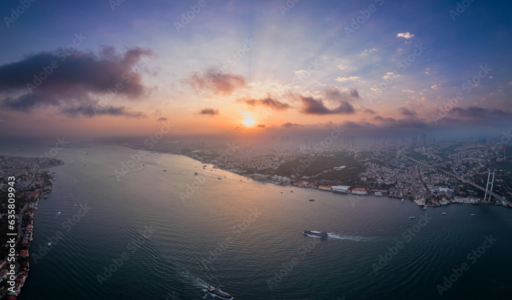 Poster istanbul panorama photo, turkey. istanbul canal, as well as bosphoros canal. sunset time. cityscape 