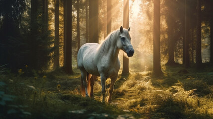 Beautiful White Horse Stands in a Wooded Meadow AI Generative
