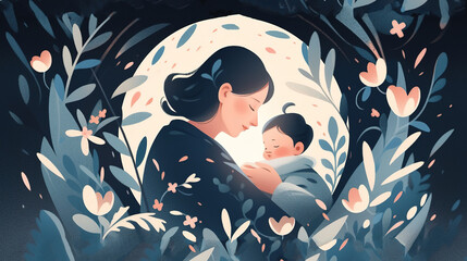 Cartoon illustrations of children and pregnant women born during pregnancy and infant loss awareness month,AI generated.