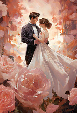 Acuarela de una pareja de novios enamorados sobre fondo de flores rosas .ilustracion de ia generativa
