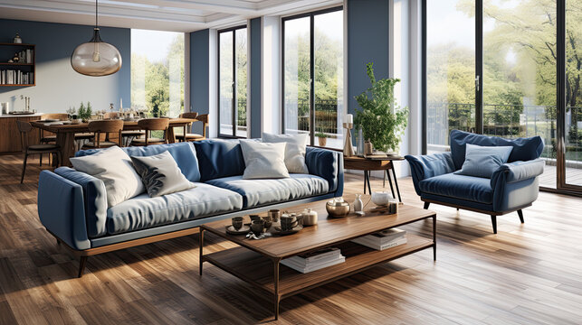 salon luminoso en tonos azul y blanco, con sofa y mesa de madera, decorado con plantas, ilustracion de ia generativa