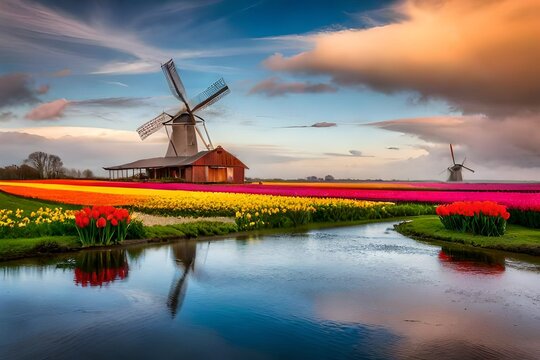 Windmill and beautiful flowers
