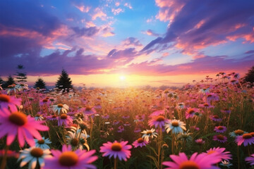 field of echinacea flower at sunset