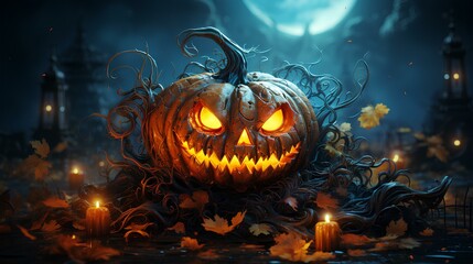 Pumpkins In Graveyard In The Spooky Night - Halloween Backdrop Generative AI