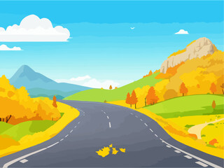 Landscape of mountain empty road in autumn with stones, pines, bushes, orange, trees and mountains. Flat colorful vector illustration	