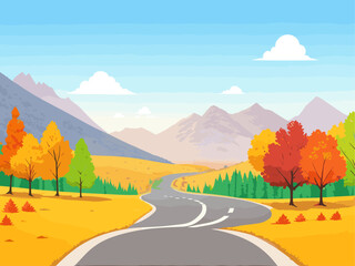 Autumn mountain landscape with empty road. Vector cartoon illustration of beautiful high rocks and hills, asphalt highway perspective view, yellow trees, golden foliage, birds in sky. Vacation travel