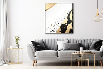 Abstract wall art template with luxury design on white background featuring black paint, line art, and gold drops. Ideal for wall decoration, interior design, prints, covers, and postcards.