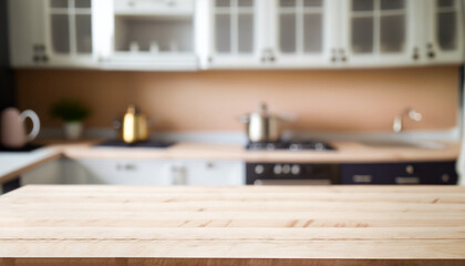 Blurred background. Modern defocused pastel kitchen with empty wooden tabletop and space for you design.