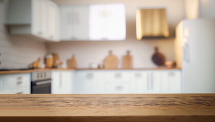 Fototapeta na wymiar Blurred background. Modern defocused pastel kitchen with empty wooden tabletop and space for you design.