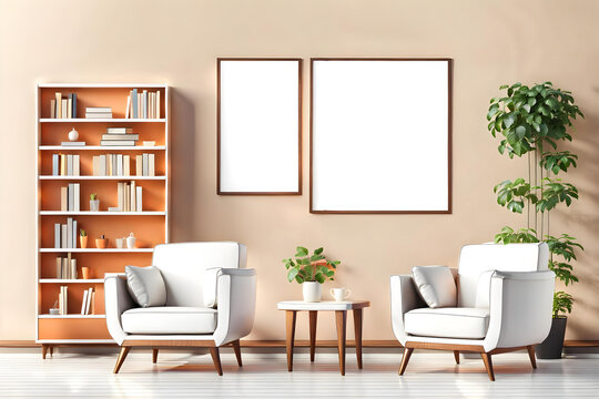 modern living room and wall frame mockup