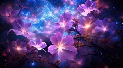 Fototapeta na wymiar Mystic luminous fantasy flowers from alien world or planet. AI illustration. Neon effect, starry in the universe. Shiny glowing stars in cosmic space. Astronomy day concept.