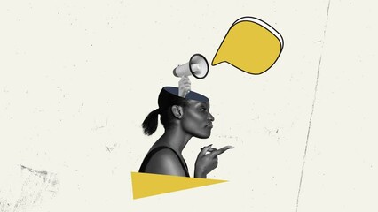 Young african woman with speech bubble and megaphone over head. Expression of opinion. Stop motion, animation. Concept of mass media, news, information, journalism, business, freedom of speech