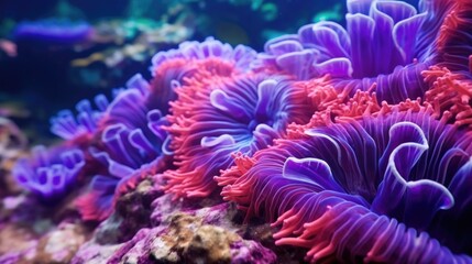 Sea anemones underwater Close-up. Vibrant sea anemone Fish. Colorful abstract natural texture, panoramic underwater background. Concept art, graphic resources, macro photography. AI illustration..