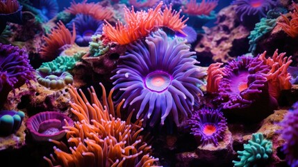 Naklejka na ściany i meble Sea anemones underwater Close-up. Vibrant sea anemone Fish. Colorful abstract natural texture, panoramic underwater background. Concept art, graphic resources, macro photography. AI illustration..