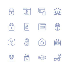 Lock line icon set on transparent background with editable stroke. Containing padlock, lock, credit card, folder, refresh, smart lock, money, locked.