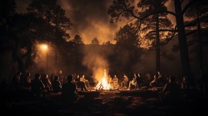 First moon landing campfire, historical black and white photography, 