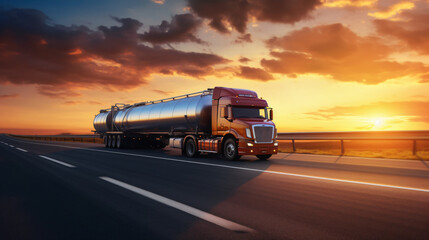 Obraz na płótnie Canvas Tanker truck on the big highway city at sunset