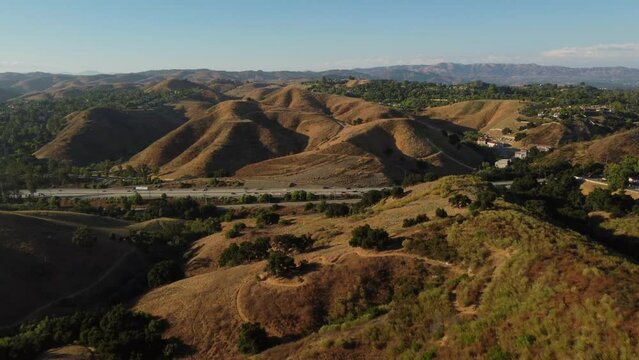 Aerial View of Highway 1 and Santa Monica Mountains, Calabasas, California