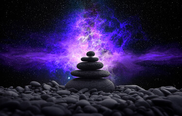 Zen stones with universe background with energy rays