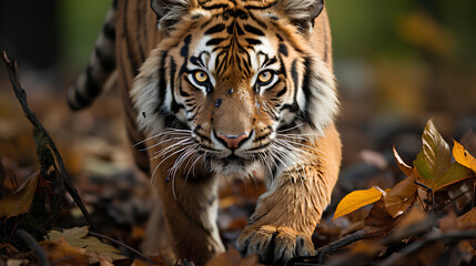 Close-up of a tiger in the forest with autumn leaves.