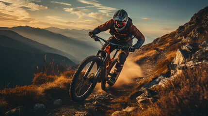 yclist Riding the Mountain Bike on the Rocky Trail. Extreme Sport Concept.