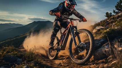 Professional Cyclist Riding the Mountain Bike on the Rocky Trail. Extreme Sport Concept.