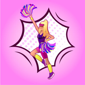 Cheerleader girl dancing on a colorful pink background. Sport, woman, cartoon style, pose, dance, isolated picture.